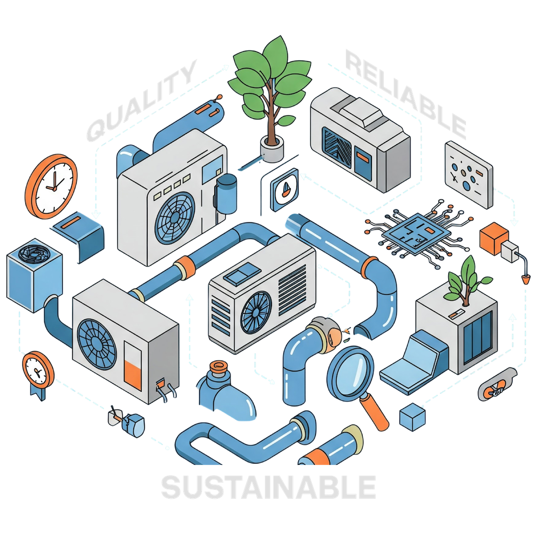 HVAC core values of GDL Venture of reliability, sustainability, quality dark mode isometric illustration. 2D vector graphic representing core values in the heating, ventilation, and air conditioning industry.