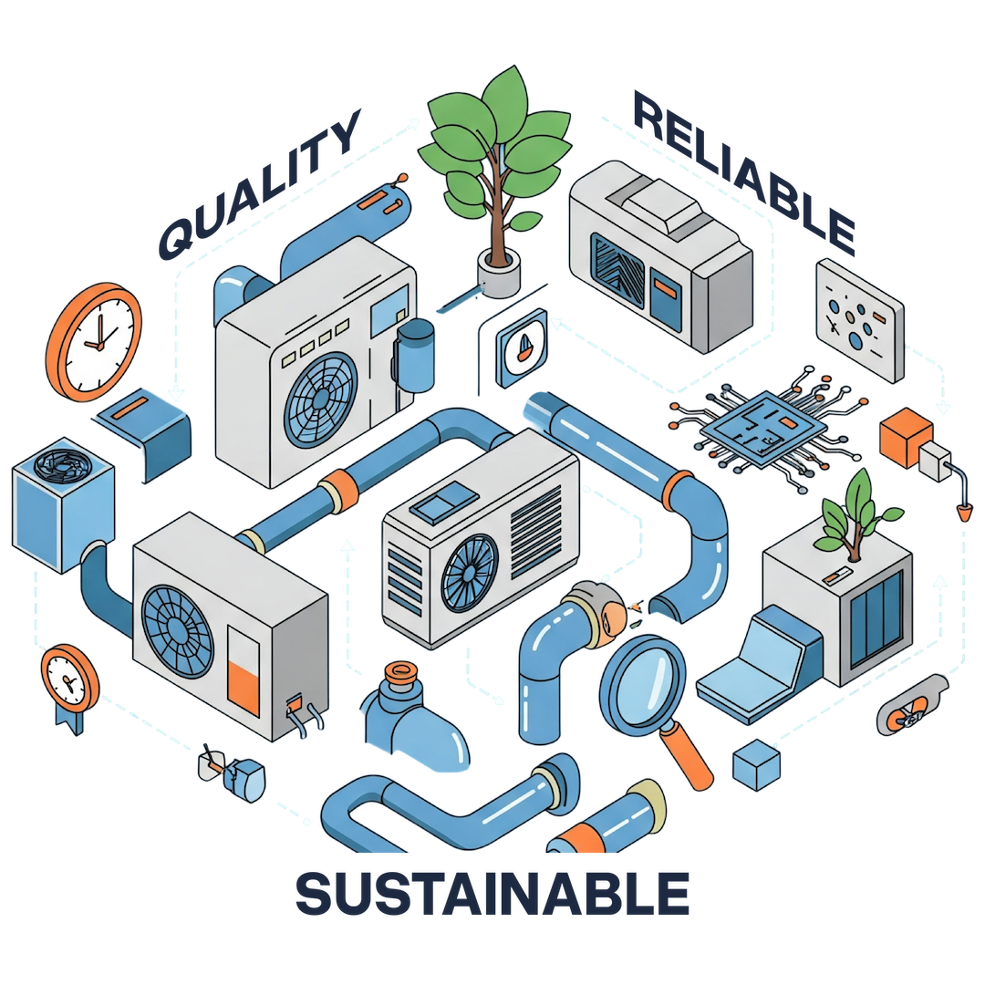 HVAC core values of GDL Venture of reliability, sustainability, quality light mode isometric illustration. 2D vector graphic representing core values in the heating, ventilation, and air conditioning industry.
